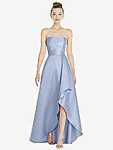 Alt View 1 Thumbnail - Sky Blue Strapless Satin Gown with Draped Front Slit and Pockets