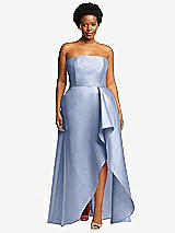 Front View Thumbnail - Sky Blue Strapless Satin Gown with Draped Front Slit and Pockets