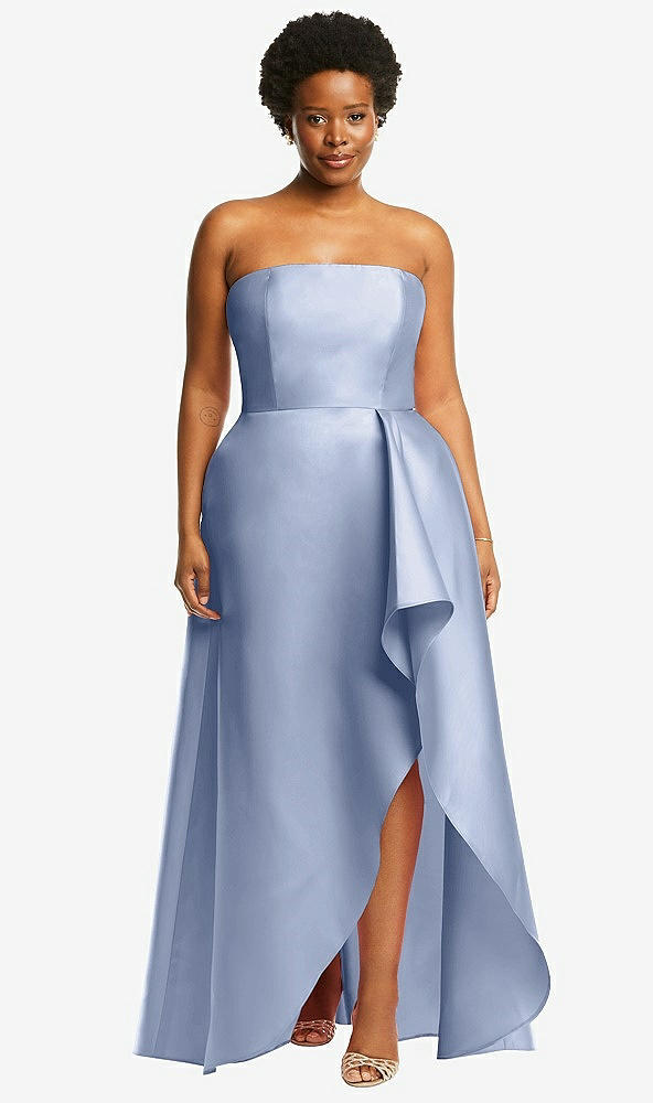 Front View - Sky Blue Strapless Satin Gown with Draped Front Slit and Pockets