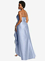 Rear View Thumbnail - Sky Blue Strapless Satin Gown with Draped Front Slit and Pockets