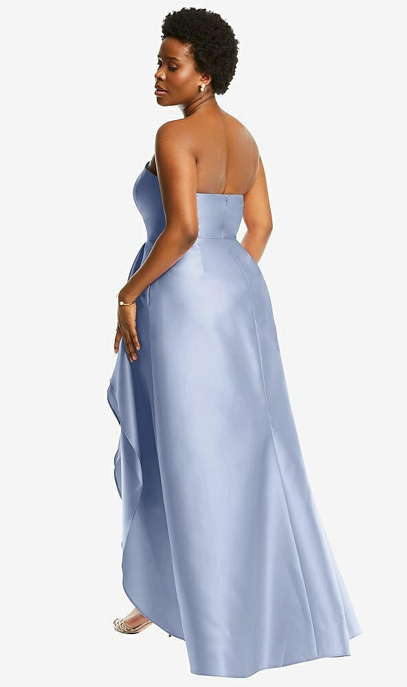 Back View - Sky Blue Strapless Satin Gown with Draped Front Slit and Pockets