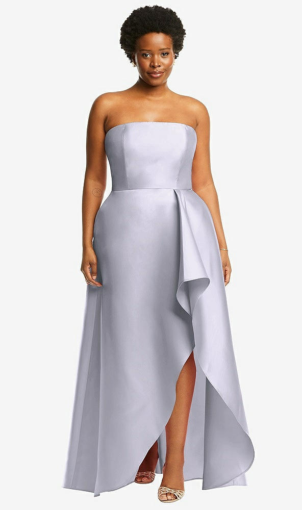 Front View - Silver Dove Strapless Satin Gown with Draped Front Slit and Pockets