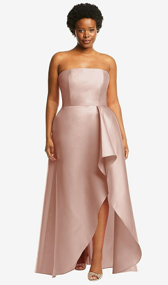 Front View - Toasted Sugar Strapless Satin Gown with Draped Front Slit and Pockets