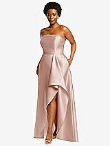 Side View Thumbnail - Toasted Sugar Strapless Satin Gown with Draped Front Slit and Pockets
