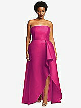 Front View Thumbnail - Think Pink Strapless Satin Gown with Draped Front Slit and Pockets