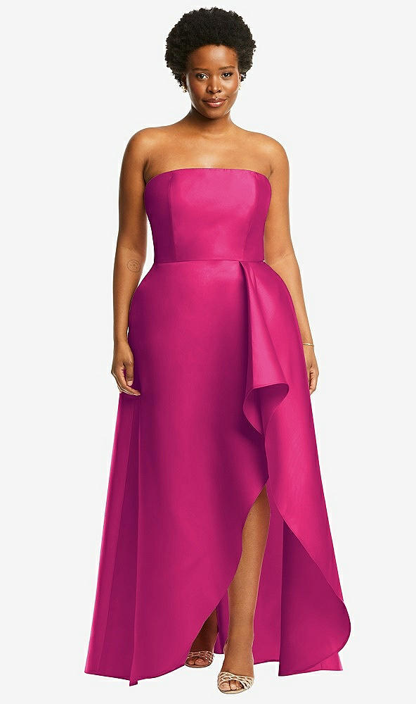 Front View - Think Pink Strapless Satin Gown with Draped Front Slit and Pockets