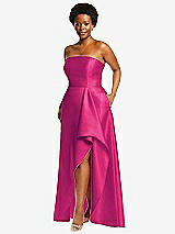 Side View Thumbnail - Think Pink Strapless Satin Gown with Draped Front Slit and Pockets