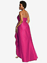 Rear View Thumbnail - Think Pink Strapless Satin Gown with Draped Front Slit and Pockets