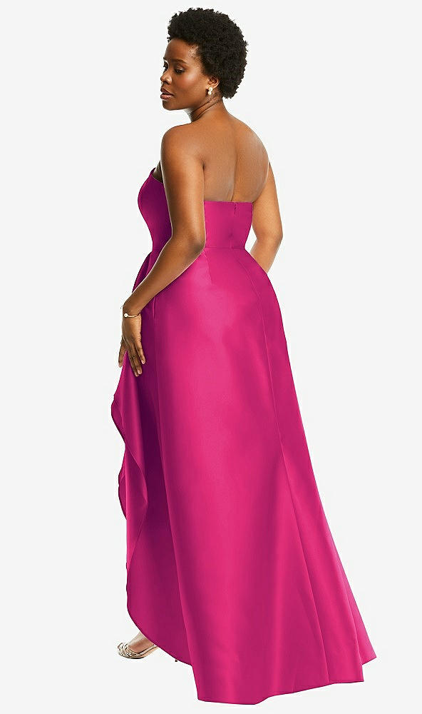 Back View - Think Pink Strapless Satin Gown with Draped Front Slit and Pockets
