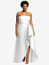 Front View Thumbnail - White Strapless Satin Gown with Draped Front Slit and Pockets