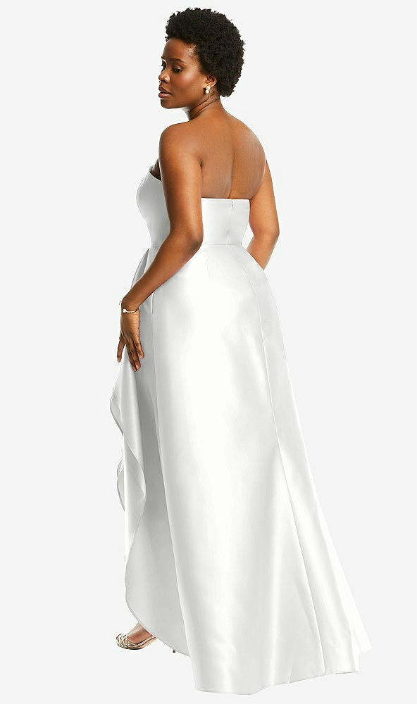 Back View - White Strapless Satin Gown with Draped Front Slit and Pockets