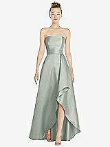 Alt View 1 Thumbnail - Willow Green Strapless Satin Gown with Draped Front Slit and Pockets
