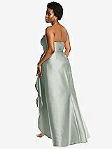 Rear View Thumbnail - Willow Green Strapless Satin Gown with Draped Front Slit and Pockets