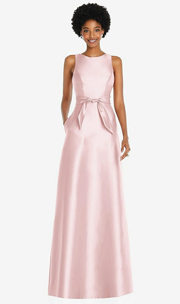 Front View - Ballet Pink Jewel-Neck V-Back Maxi Dress with Mini Sash