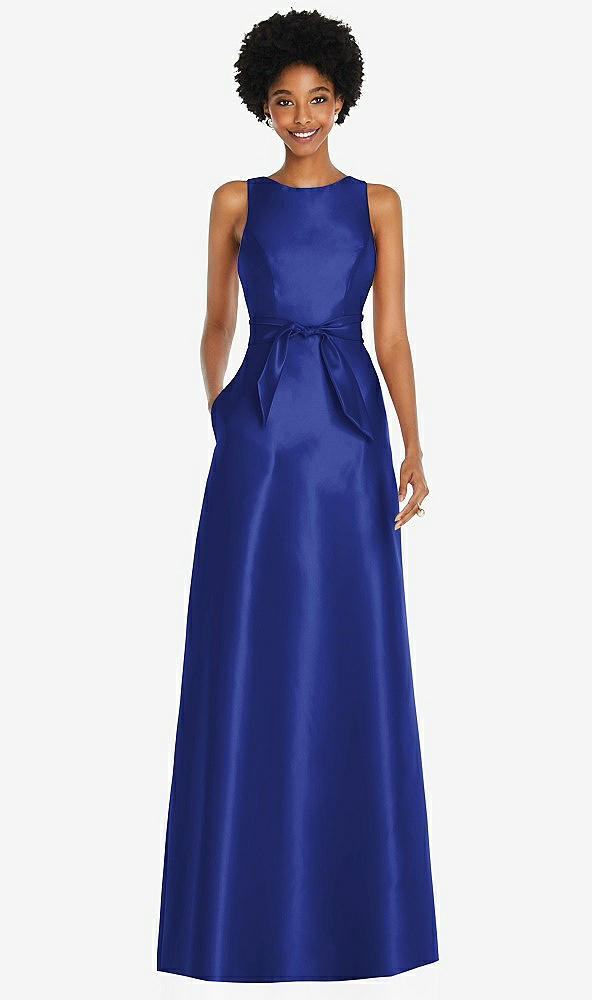 Front View - Cobalt Blue Jewel-Neck V-Back Maxi Dress with Mini Sash