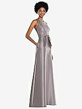 Side View Thumbnail - Cashmere Gray Jewel-Neck V-Back Maxi Dress with Mini Sash