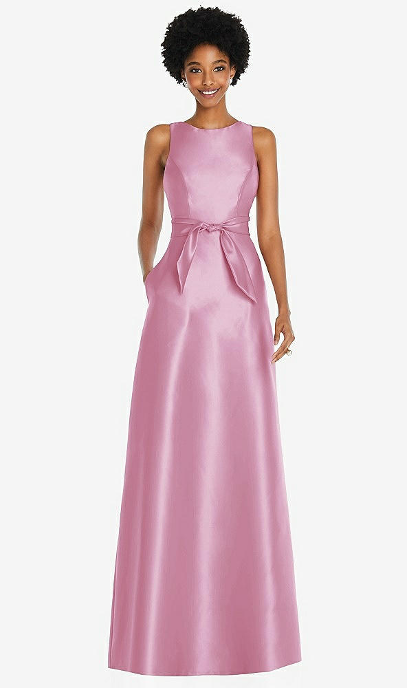 Front View - Powder Pink Jewel-Neck V-Back Maxi Dress with Mini Sash