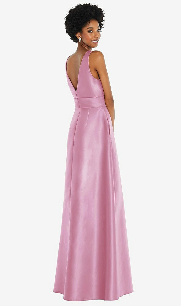 Back View - Powder Pink Jewel-Neck V-Back Maxi Dress with Mini Sash