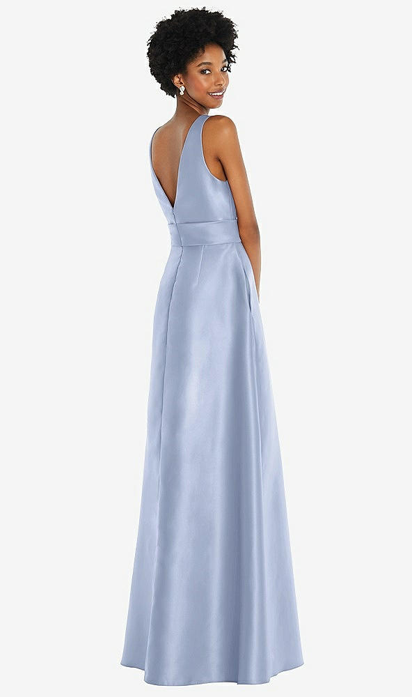 Back View - Sky Blue Jewel-Neck V-Back Maxi Dress with Mini Sash