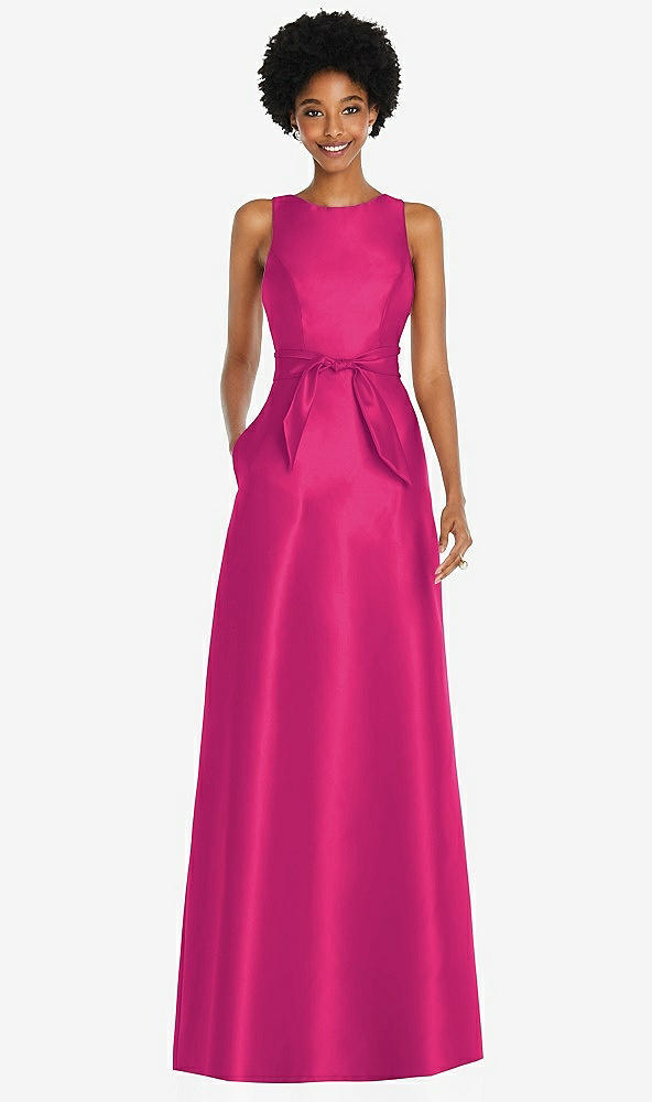 Front View - Think Pink Jewel-Neck V-Back Maxi Dress with Mini Sash