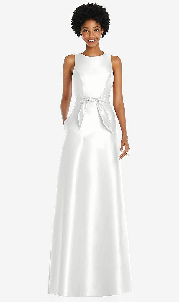 Front View - White Jewel-Neck V-Back Maxi Dress with Mini Sash