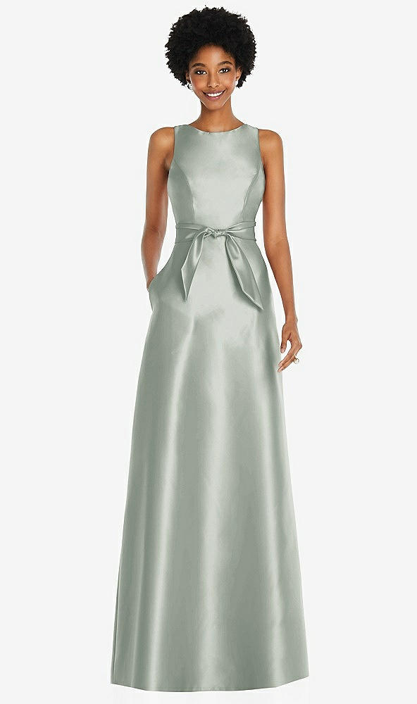 Front View - Willow Green Jewel-Neck V-Back Maxi Dress with Mini Sash