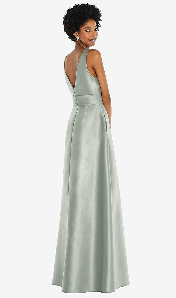 Back View - Willow Green Jewel-Neck V-Back Maxi Dress with Mini Sash