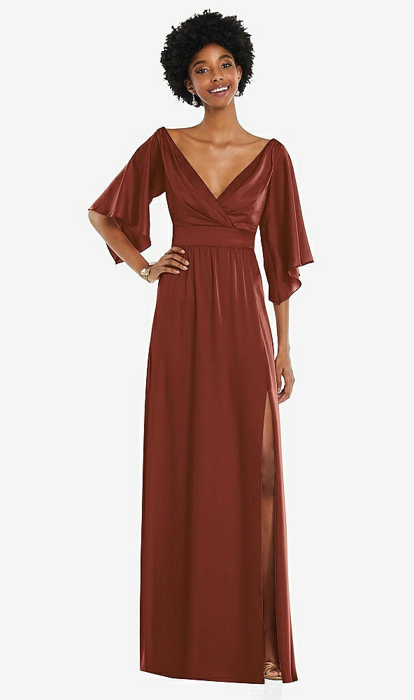 Front View - Auburn Moon Asymmetric Bell Sleeve Wrap Maxi Dress with Front Slit