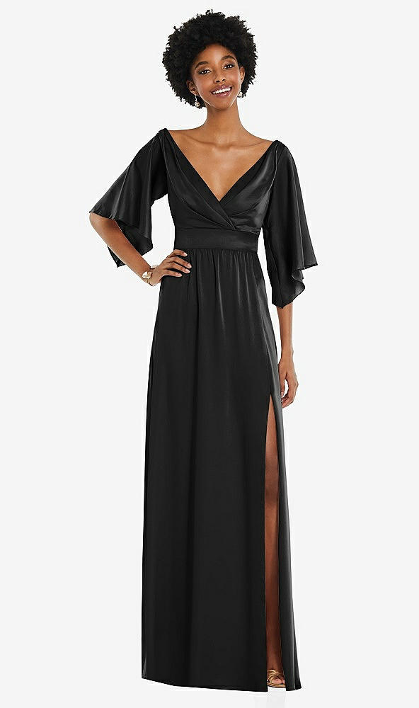 Front View - Black Asymmetric Bell Sleeve Wrap Maxi Dress with Front Slit