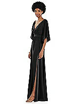 Side View Thumbnail - Black Asymmetric Bell Sleeve Wrap Maxi Dress with Front Slit