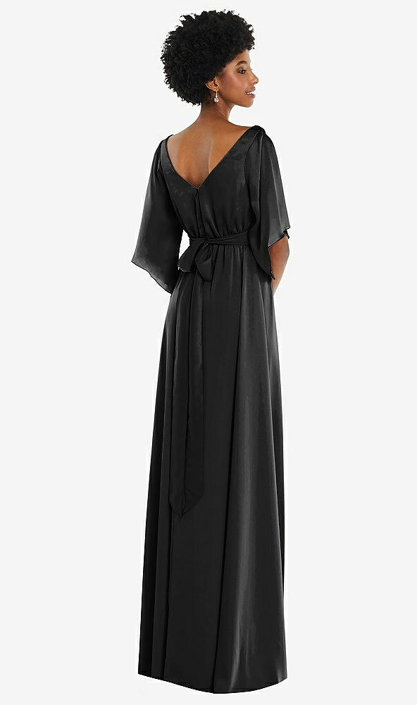 Back View - Black Asymmetric Bell Sleeve Wrap Maxi Dress with Front Slit