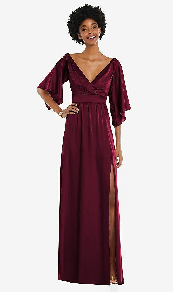 Front View - Cabernet Asymmetric Bell Sleeve Wrap Maxi Dress with Front Slit