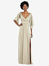Front View Thumbnail - Champagne Asymmetric Bell Sleeve Wrap Maxi Dress with Front Slit