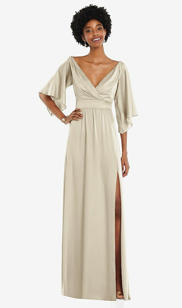 Front View - Champagne Asymmetric Bell Sleeve Wrap Maxi Dress with Front Slit