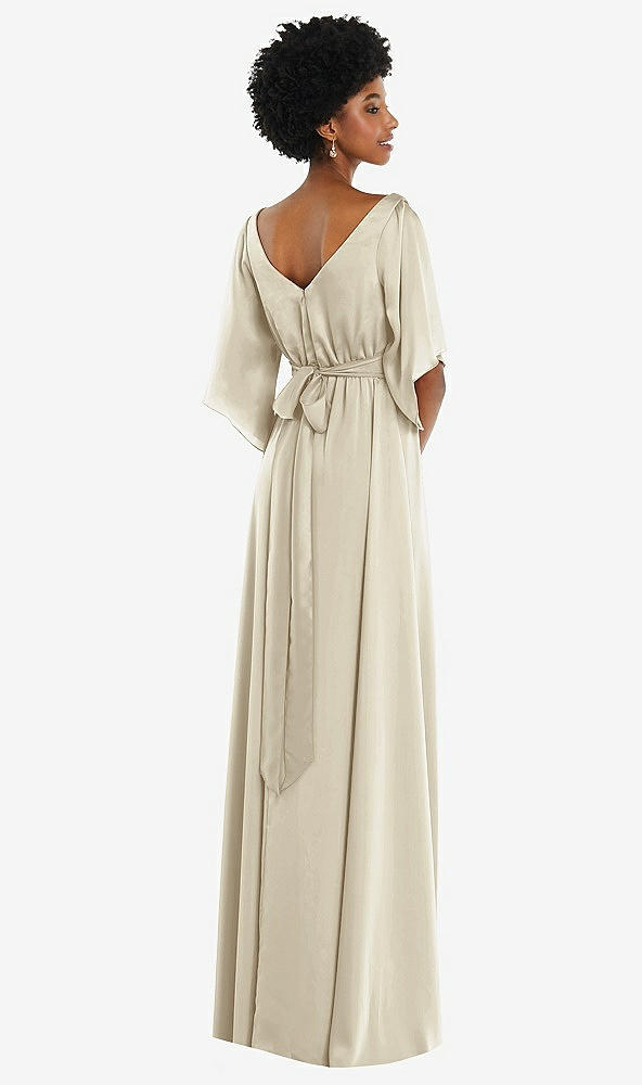 Back View - Champagne Asymmetric Bell Sleeve Wrap Maxi Dress with Front Slit