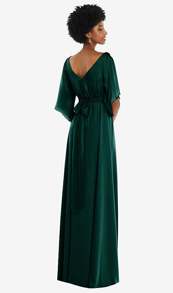 Back View - Evergreen Asymmetric Bell Sleeve Wrap Maxi Dress with Front Slit