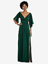 Front View Thumbnail - Hunter Green Asymmetric Bell Sleeve Wrap Maxi Dress with Front Slit