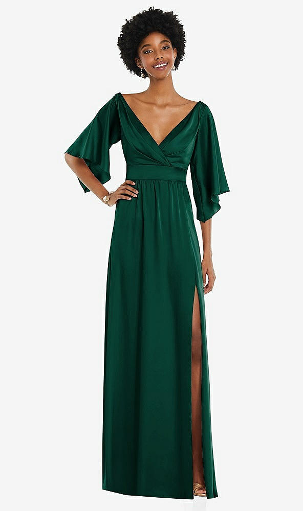 Front View - Hunter Green Asymmetric Bell Sleeve Wrap Maxi Dress with Front Slit