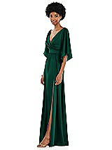 Side View Thumbnail - Hunter Green Asymmetric Bell Sleeve Wrap Maxi Dress with Front Slit