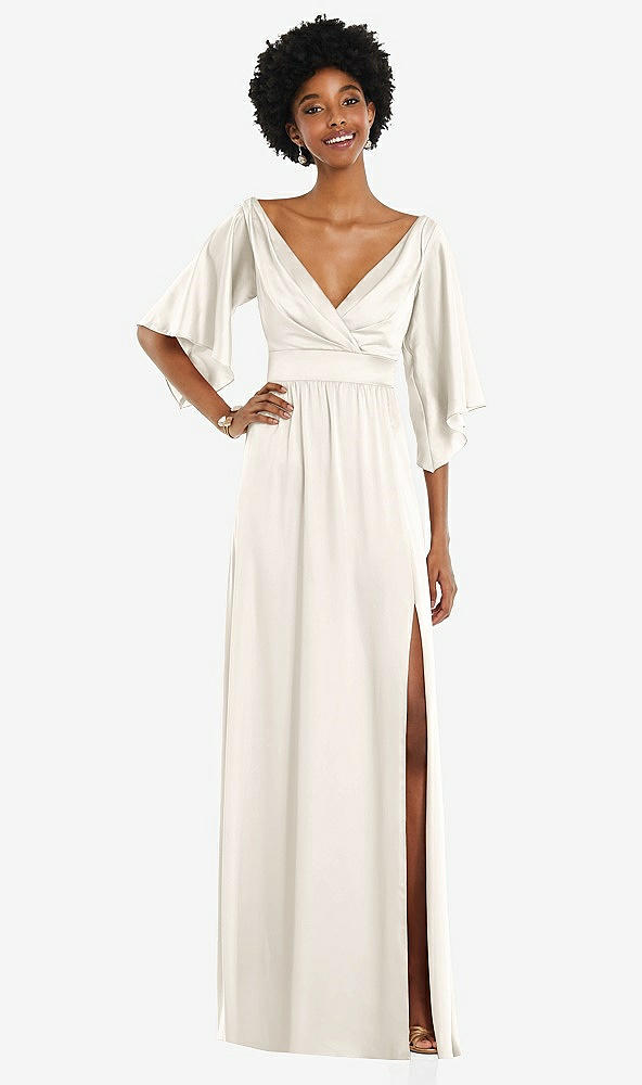 Front View - Ivory Asymmetric Bell Sleeve Wrap Maxi Dress with Front Slit