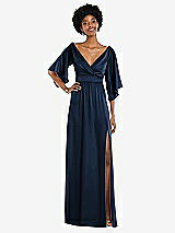 Front View Thumbnail - Midnight Navy Asymmetric Bell Sleeve Wrap Maxi Dress with Front Slit