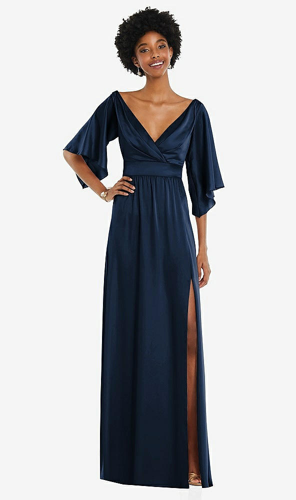 Front View - Midnight Navy Asymmetric Bell Sleeve Wrap Maxi Dress with Front Slit