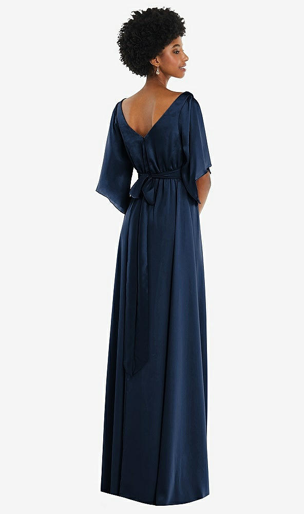 Back View - Midnight Navy Asymmetric Bell Sleeve Wrap Maxi Dress with Front Slit