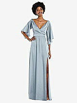 Front View Thumbnail - Mist Asymmetric Bell Sleeve Wrap Maxi Dress with Front Slit