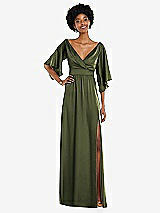 Front View Thumbnail - Olive Green Asymmetric Bell Sleeve Wrap Maxi Dress with Front Slit