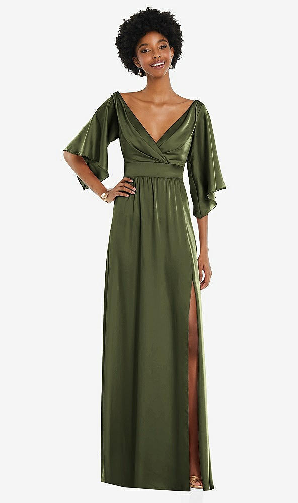 Front View - Olive Green Asymmetric Bell Sleeve Wrap Maxi Dress with Front Slit
