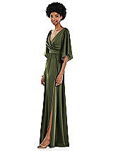 Side View Thumbnail - Olive Green Asymmetric Bell Sleeve Wrap Maxi Dress with Front Slit