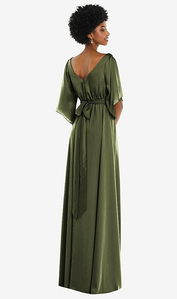 Back View - Olive Green Asymmetric Bell Sleeve Wrap Maxi Dress with Front Slit