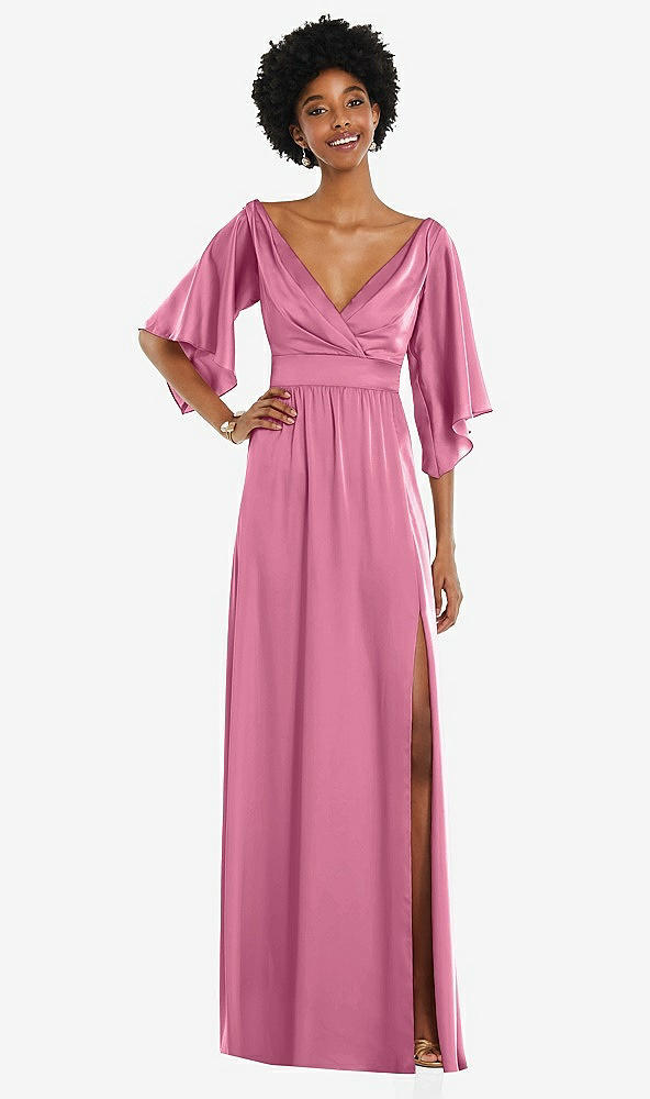 Front View - Orchid Pink Asymmetric Bell Sleeve Wrap Maxi Dress with Front Slit