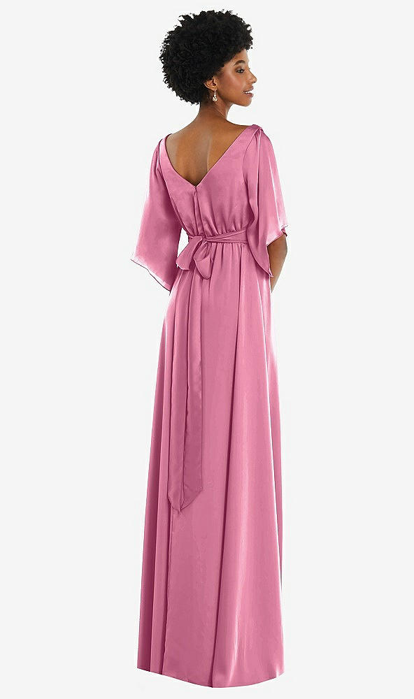 Back View - Orchid Pink Asymmetric Bell Sleeve Wrap Maxi Dress with Front Slit